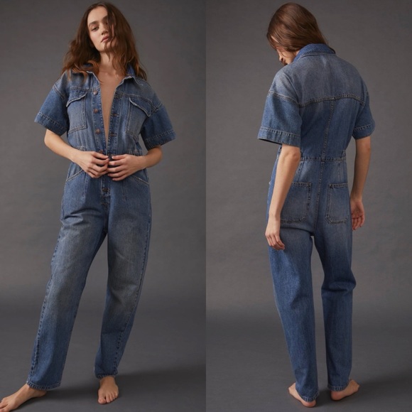NWT Free People Marci Denim Coveralls Short Sleeve Jumpsuit High Noon - Picture 7 of 8